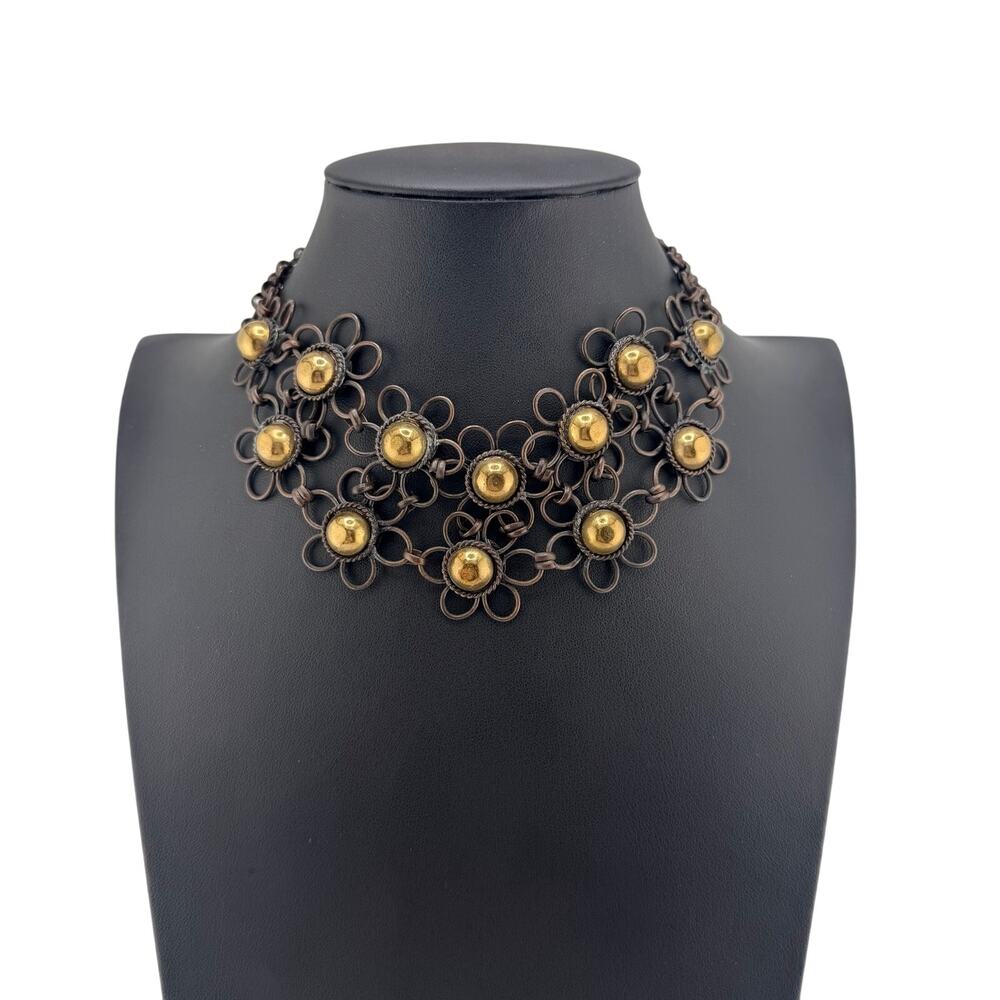 Vintage 1960s 1970s Hippie Daisy Chain Bronze Tone Gold Accent Choker Necklace